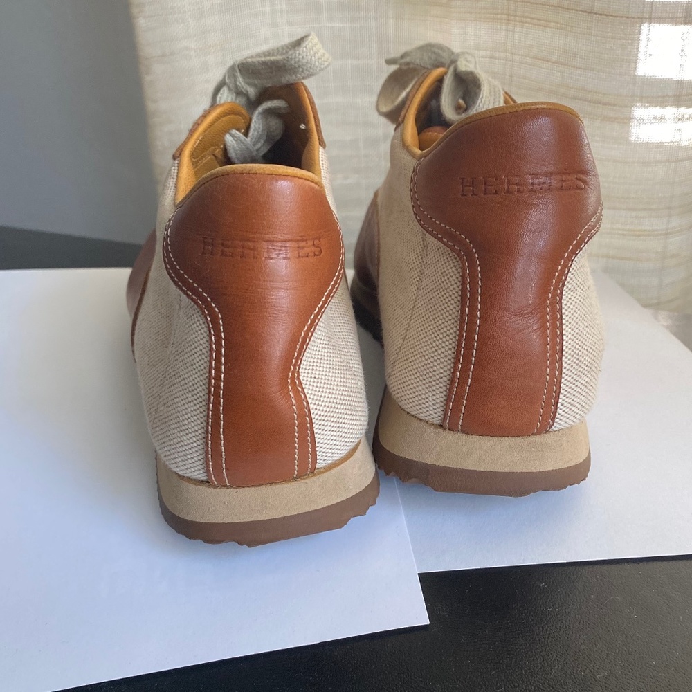 Hermes brown leather beige canvas fashion sneakers trainers size 38 Italy H logo - Picture 5 of 8